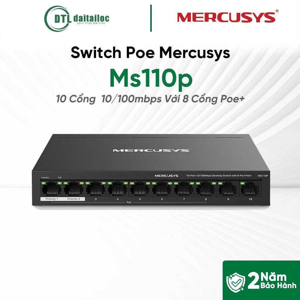 Switch Poe Mercusys 10 Cổng Ms110p 10/100mbps Với 8 Cổng Poe+ | Chính Hãng | Bảo Hành 24 Tháng