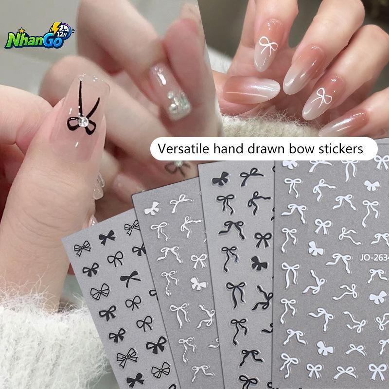 5D ngọt ngào Bow tự dính Nail Stickers Pink Black White Ribbon Kawaii DIY Nail Art COD