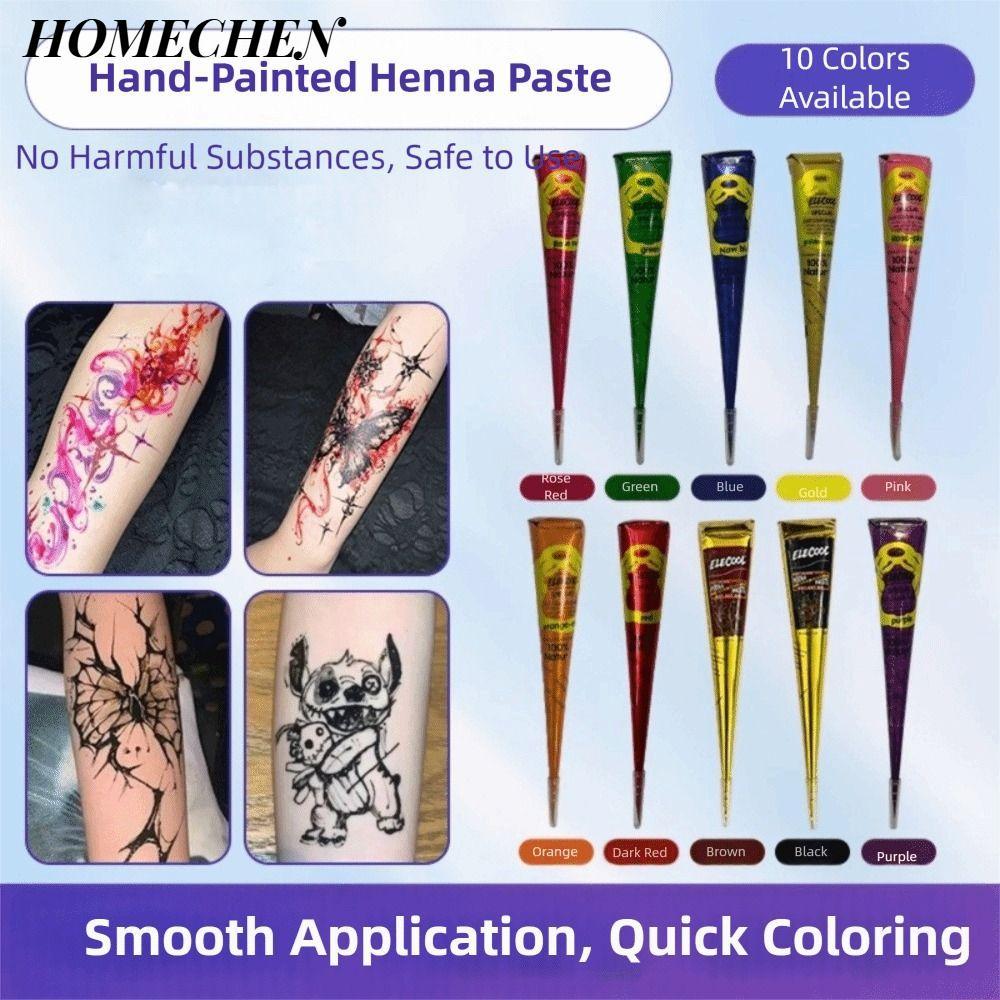 HOMECHEN Henna Tattoo Cream, Dễ sử dụng Tạm thời Henna Paste Cone, Body Art Black Brown Semi-permane