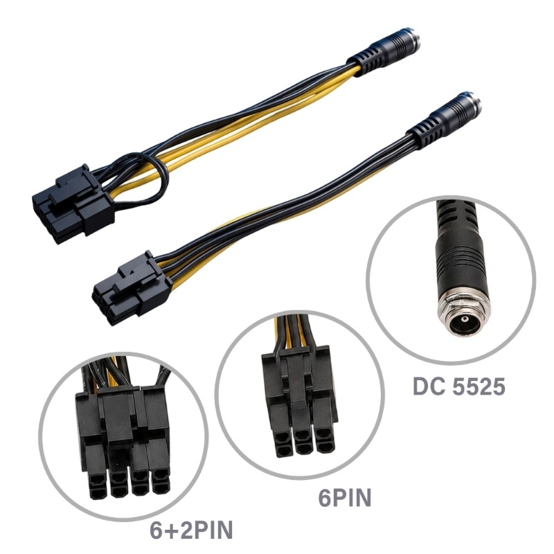 Cáp nguồn Yoo DC5525 To PCIe 6Pin 6 + 2PIN với dây đồng 18AWG 15cm 30cm Tùy chọn