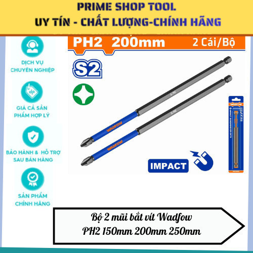 Bộ 2 mũi bắt vít Wadfow PH2 150mm 200mm 250mm , thép công nghiệp S2