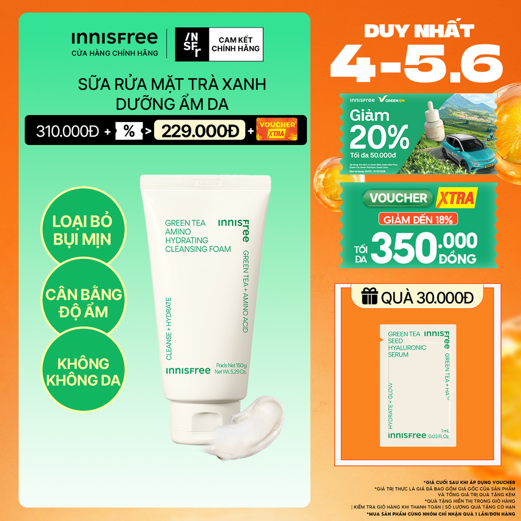 Sữa rửa mặt trà xanh sạch sâu ẩm mịn INNISFREE Green Tea Amino Cleansing Foam 150g