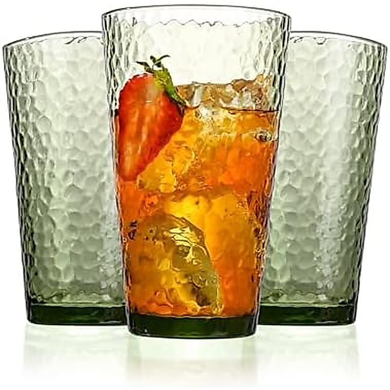 Amyoole Drinking Glasses Set of 8,16oz Clear Highball Water Glasses,Stackable Lead-Free Hammered Gla