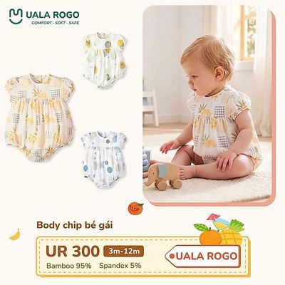 Bodychip cho bé sơ sinh Ualarogo cộc tay 3-12 tháng vải Sợi tre Bamboo mềm mại cúc cài UR 300