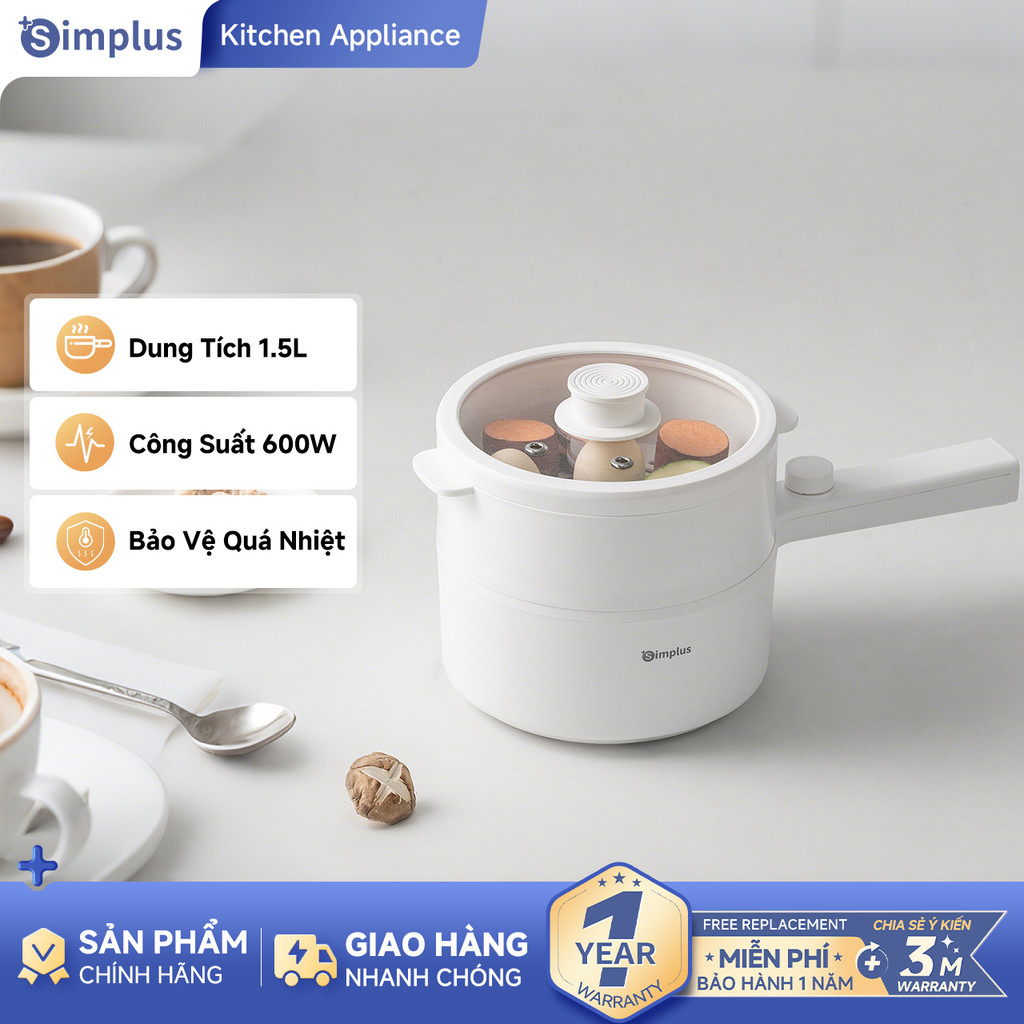 Simplus Nồi lẩu điện chống dính 1.5L đa chức năng, thích hợp cho 2-3 người, điều chỉnh nhiệt độ, tay