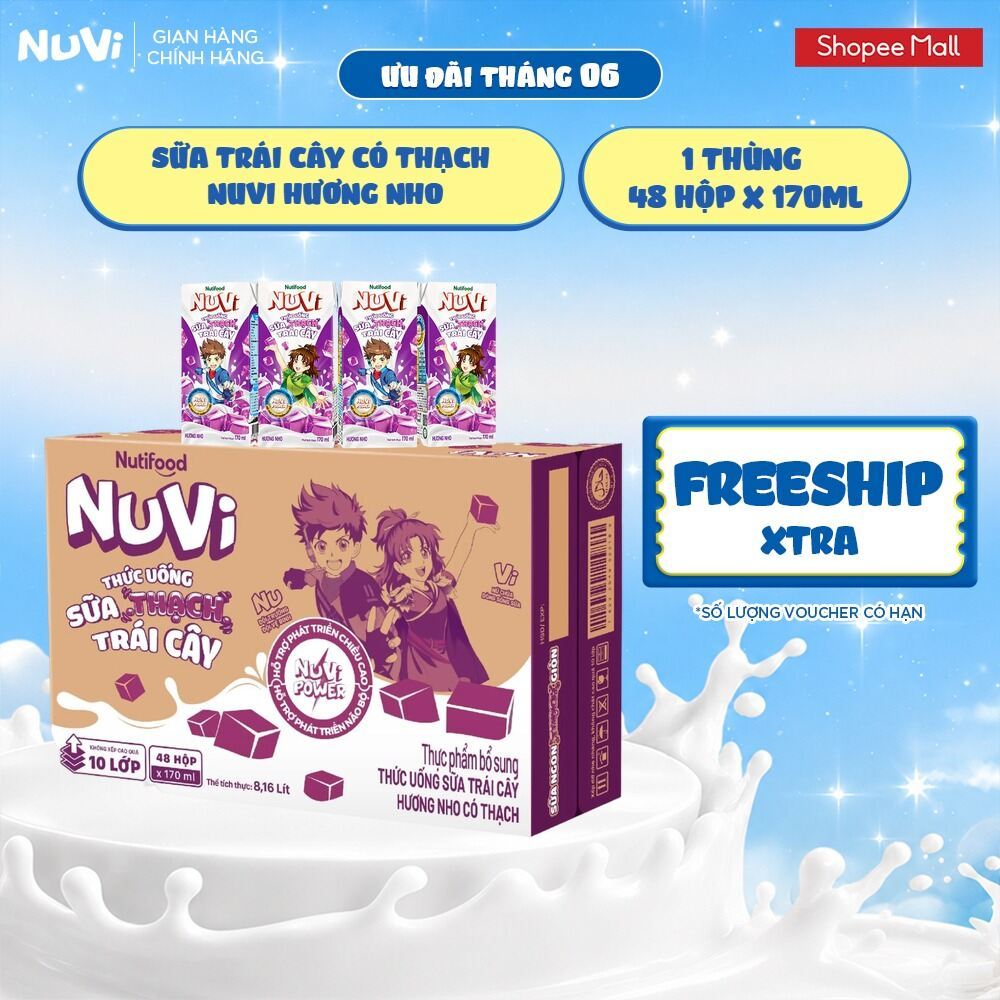Thùng 48 Hộp Thức Uống Sữa Trái Cây Có Thạch NuVi Hương Nho 170ml