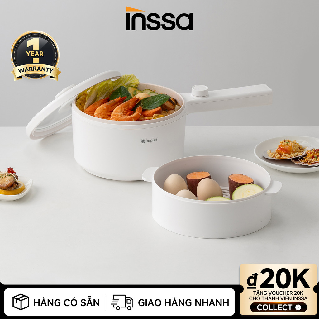 Inssa × Simplus Nồi lẩu điện chống dính 1.5L/2L đa chức năng, điều chỉnh nhiệt độ, 600W, tay cầm dài