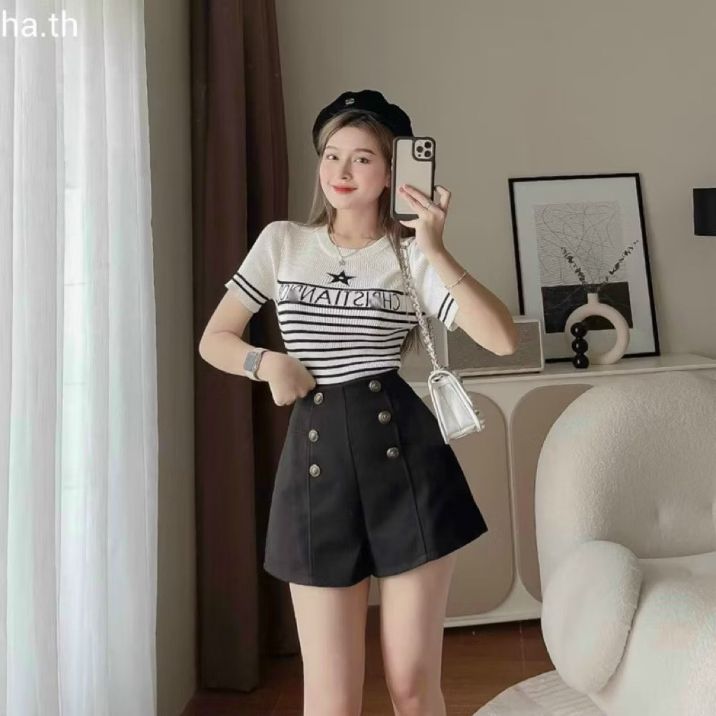 JANG STORE Áo len kẻ tay cộc thêu chữ hình ngôi sao A243 jang store