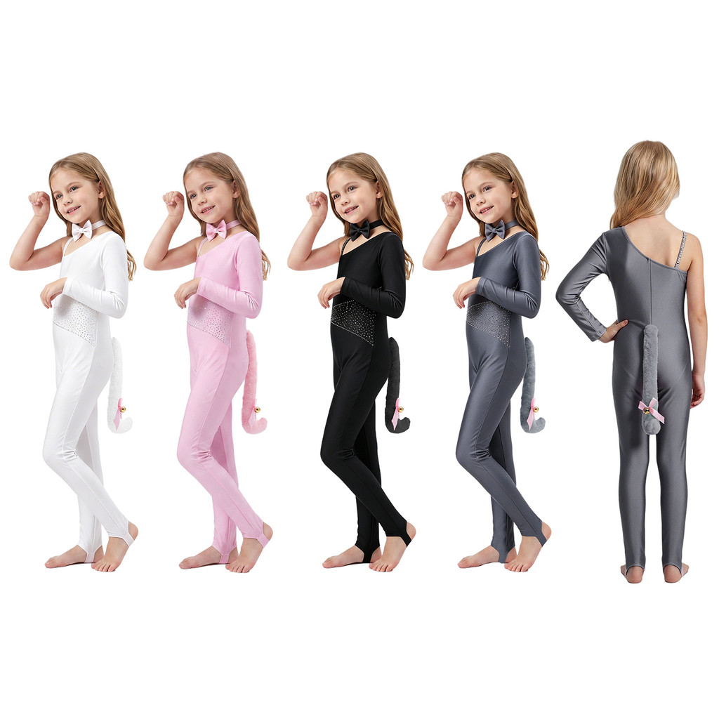 Sywiyi Girls Cat Leotard Cat Cosplay Trang phục lấp lánh Thiết kế tay áo bất đối xứng có đuôi Quần d