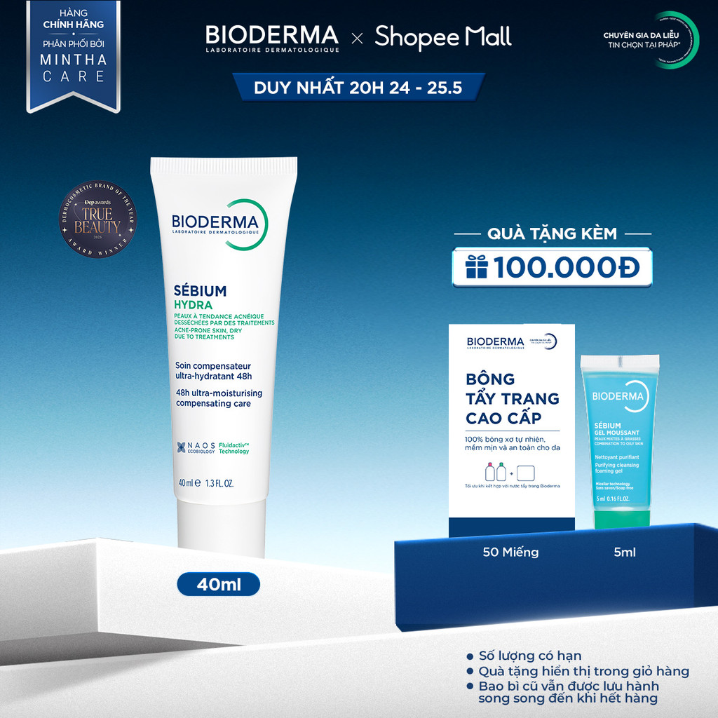 Kem dưỡng ẩm giảm khô căng, bong tróc cho da mụn Bioderma Sebium Hydra - 40ml