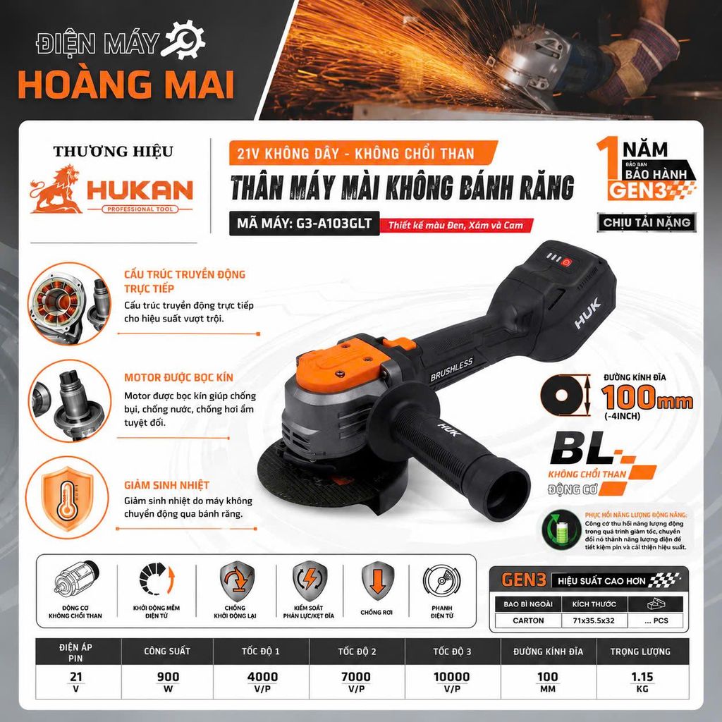 [TẶNG 6000P + 024s] Thân Máy Mài Không Bánh Răng HUKAN G3-A103GLT, Công suất 900w, 5 Tính Năng An To