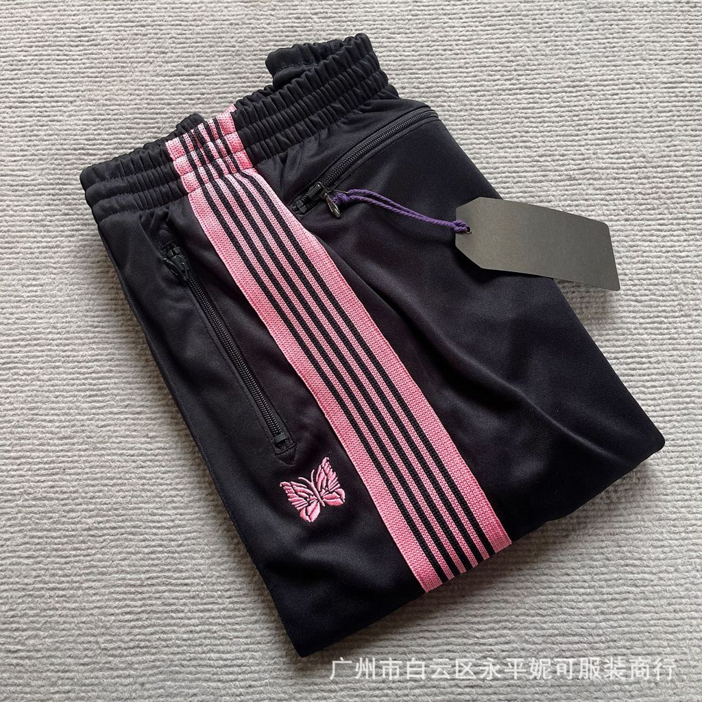 0XHX Needles track pants Pink striped webbing with butterfly embroidery Japanese-style summer sports