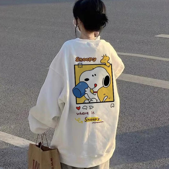26 thời trang mới áo len cổ tròn cotton hoạt hình họa tiết Snoopy áo len dài tay in họa tiết Snoopy