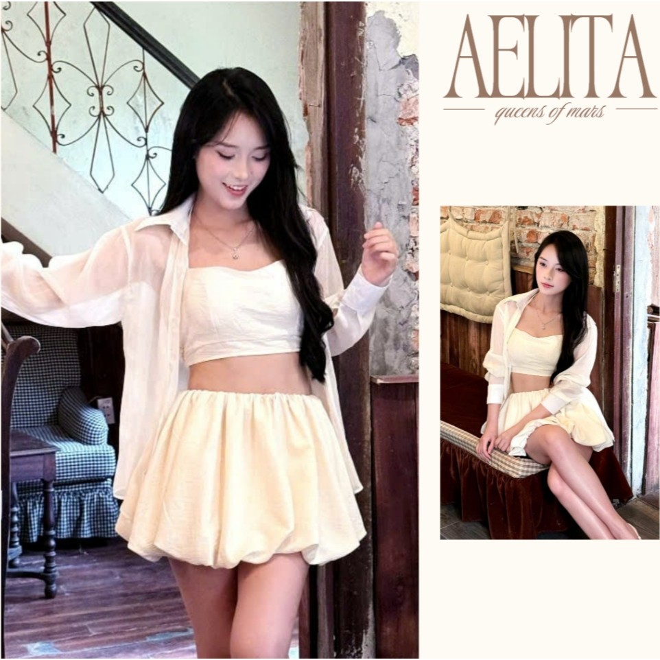 Set áo croptop và chân váy bubble be kem kèm áo khoác mỏng đi biển, đi du lịch AELITA - TR17