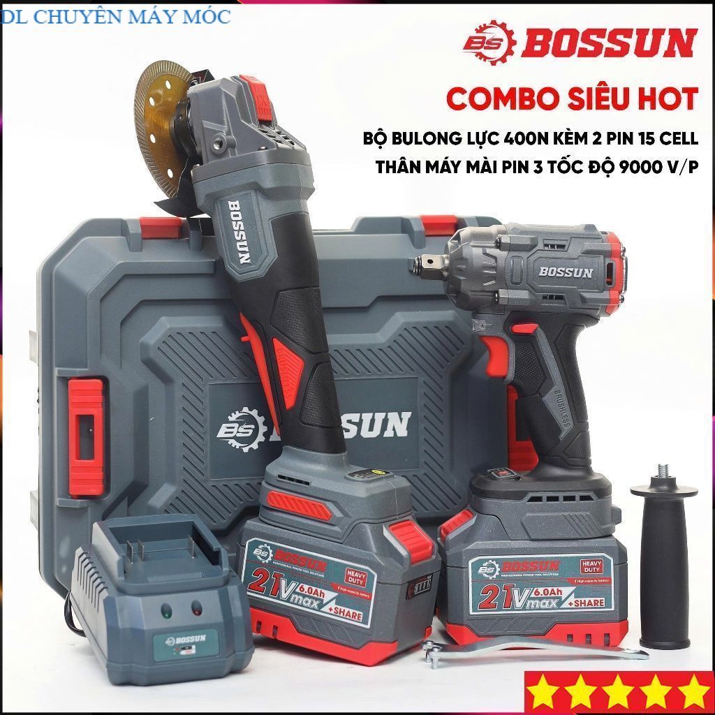 COMBO MÁY SIẾT BULONG + MÁY MÀI PIN BOSSUN  BOSSUN-BL+ M M21B-AG100PRO, KHÔNG CHỔI THAN, DLCHUYENMAY