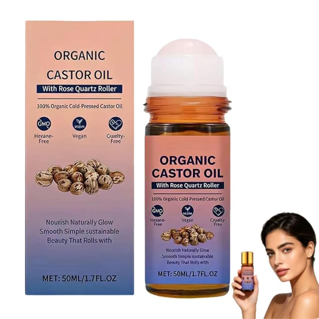 OrganicCastorOilRollOnwithRoseQuartzRoller, 2026UpgradedStyle100% CastorOilOrganicColdPressed, Hexan