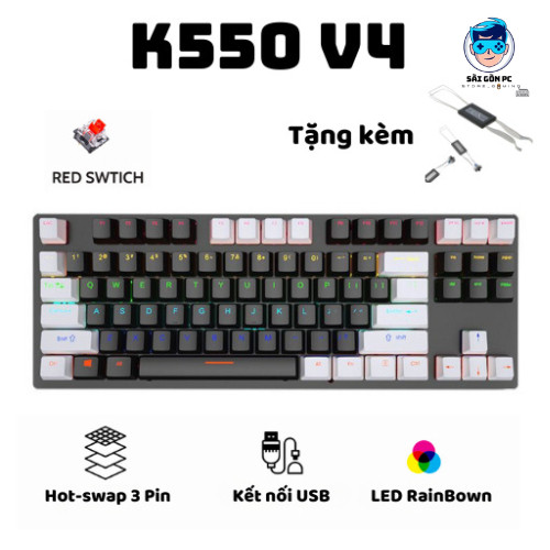 sufur Bàn phím cơ Gaming K550 Ziyou V4 Có hot-swap Trục cơ Red switch TKL 87 phím, , Chống Nước - Le