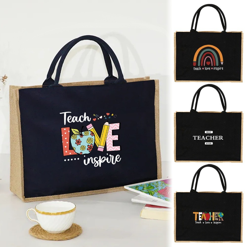 Burlap Shopping Bags Tote bags Beach  Laminated Bag Teacher Series Reusable Grocery Storage Pounch B