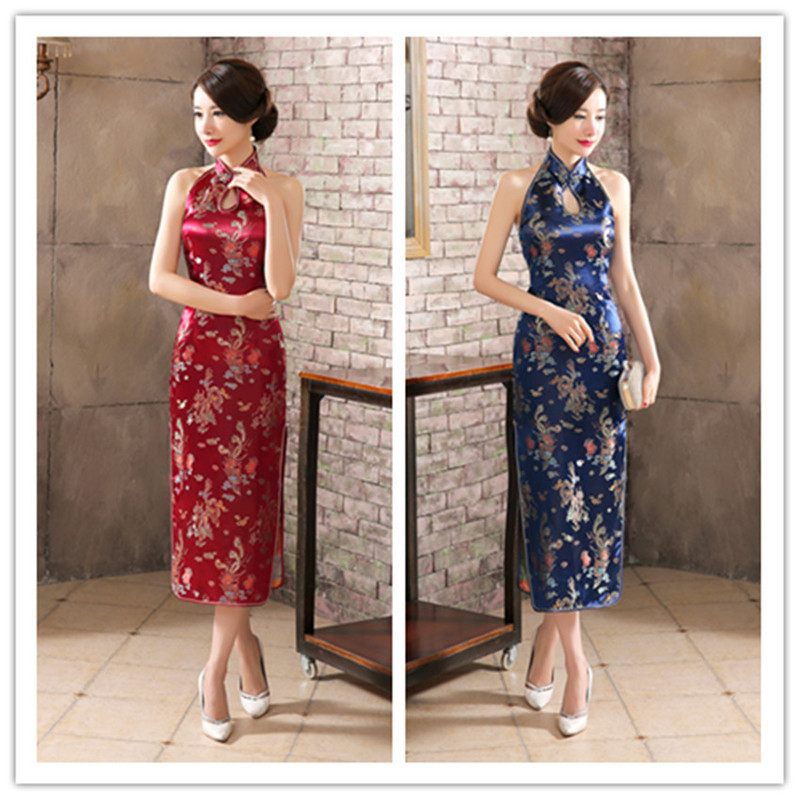 Burgundy Sườn Xám Dài Thổ Cẩm Sườn Xám Chia Sườn Xám Hiệu Suất T Taixiu Đảng Sườn Xám Slim-fit Retro