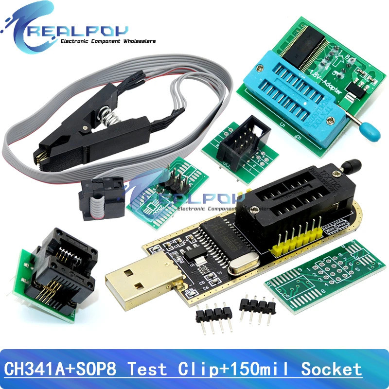 Bộ chuyển đổi lập trình viên CH341A + Bộ chuyển đổi SOIC8 + Kẹp SOP8 có cáp + Bộ chuyển đổi 1.8V CH3