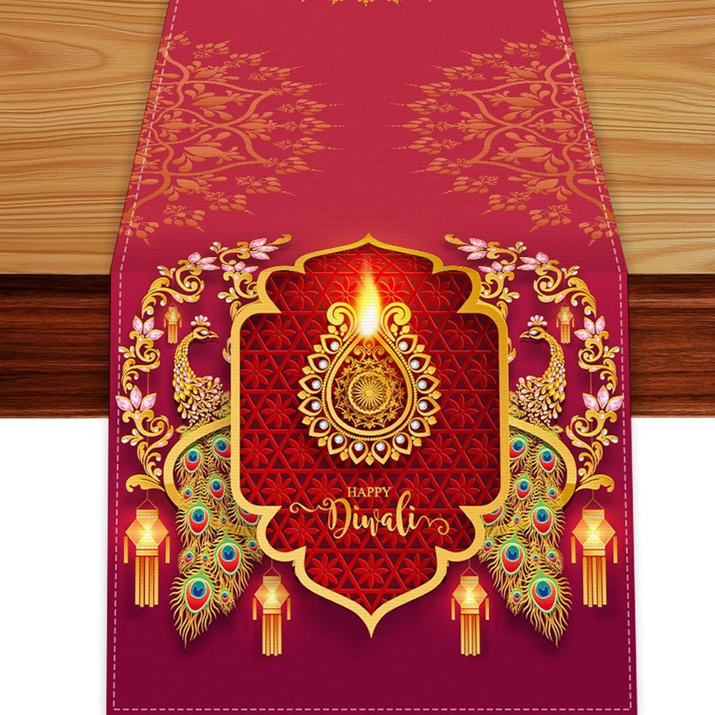 Diwali Table Runner, Lễ hội Ấn Độ Ánh sáng Bàn vải Ngày lễ Trang trí và đồ dùng Diwali cho nhà bếp g