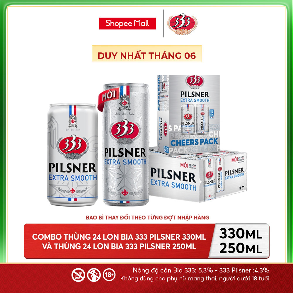 Nồng độ cồn 5.3% - Combo 1 Bia 333 24 Lon 330ml + Nồng độ cồn 4.3% - Thùng 24 Bia 333 Pilsner 250ml