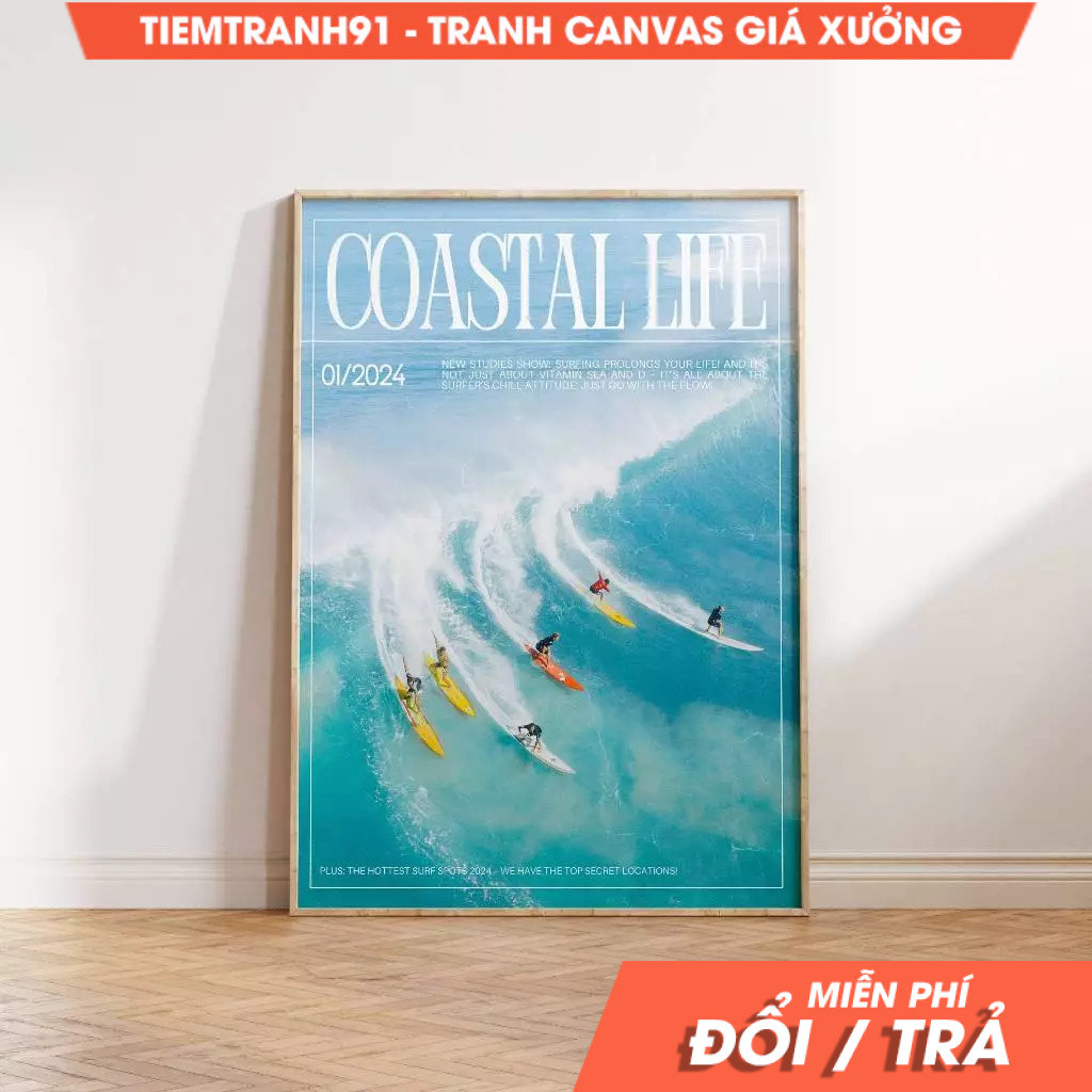 Tranh treo tường, Surf Wall Art Trendy Coastal Life Magazine Print Preppy Coastal Art Retro Surf Mag