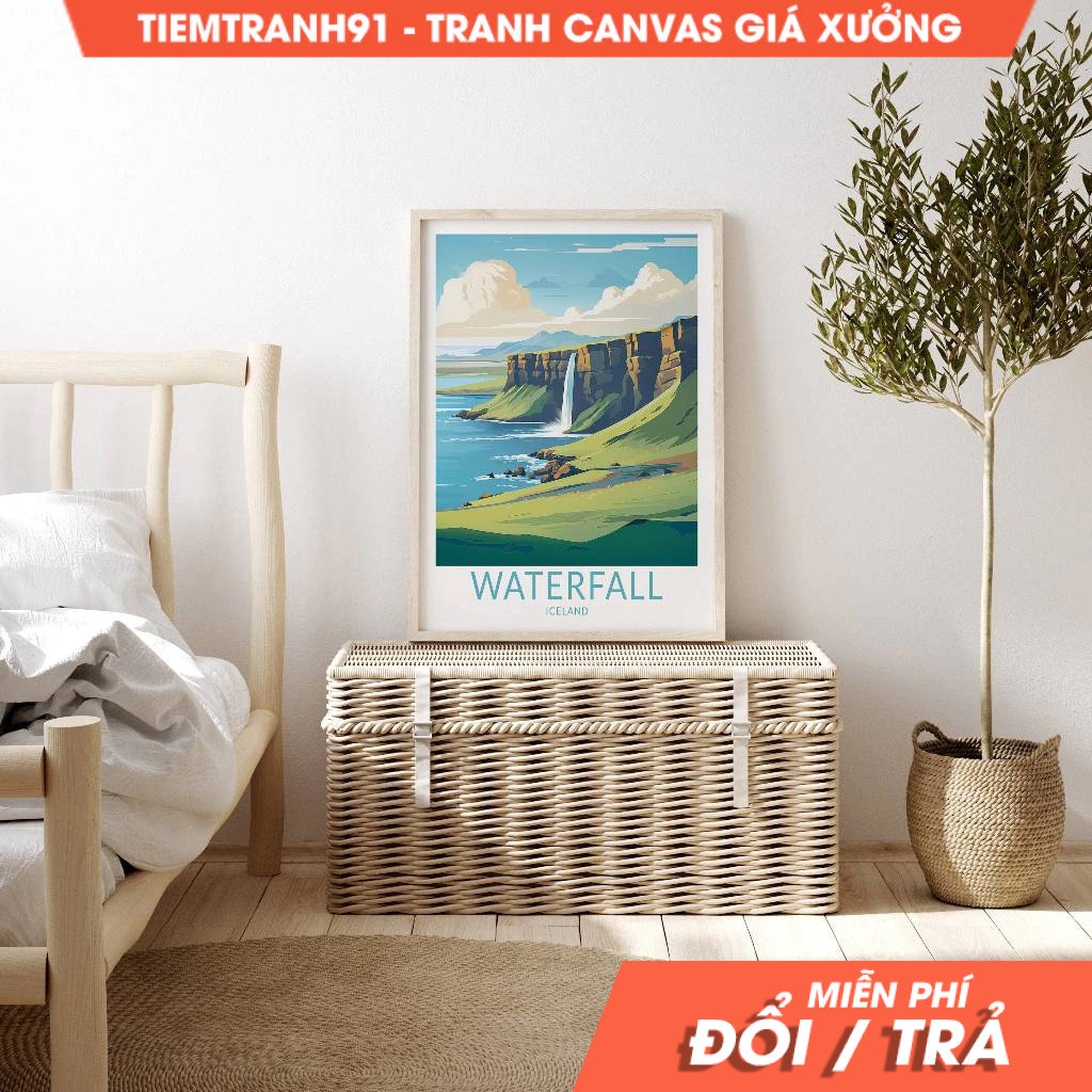 Tranh treo tường, Iceland Waterfall Travel Poster Wall Art, Iceland Kirkjufell Reykjavík Poster, Rey