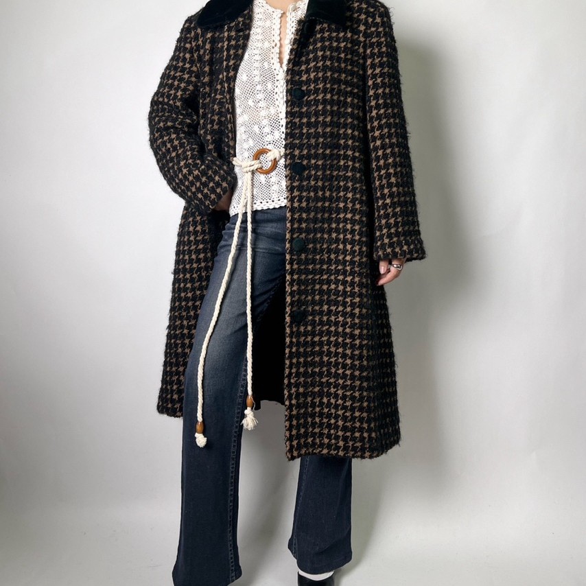 [2hand] Áo khoác dạ tweed dáng dài kẻ nâu