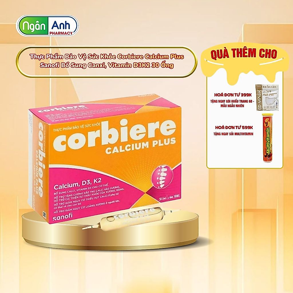 Thực Phẩm Bảo Vệ Sức Khỏe Corbiere Calcium Plus Sanofi Bổ Sung Canxi, Vitamin D3K2 30 Ống