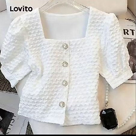Lovito Áo sơ mi nữ trắng cài cúc cổ vuông tay phồng kết cấu tổ ong.