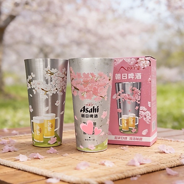 Asahi Asahi Cốc Bia Mùa Xuân Hoa Anh Đào Phiên Bản Giới Hạn Đổi Màu Cốc Kim Loại Nhôm Lạnh Thay Đổi