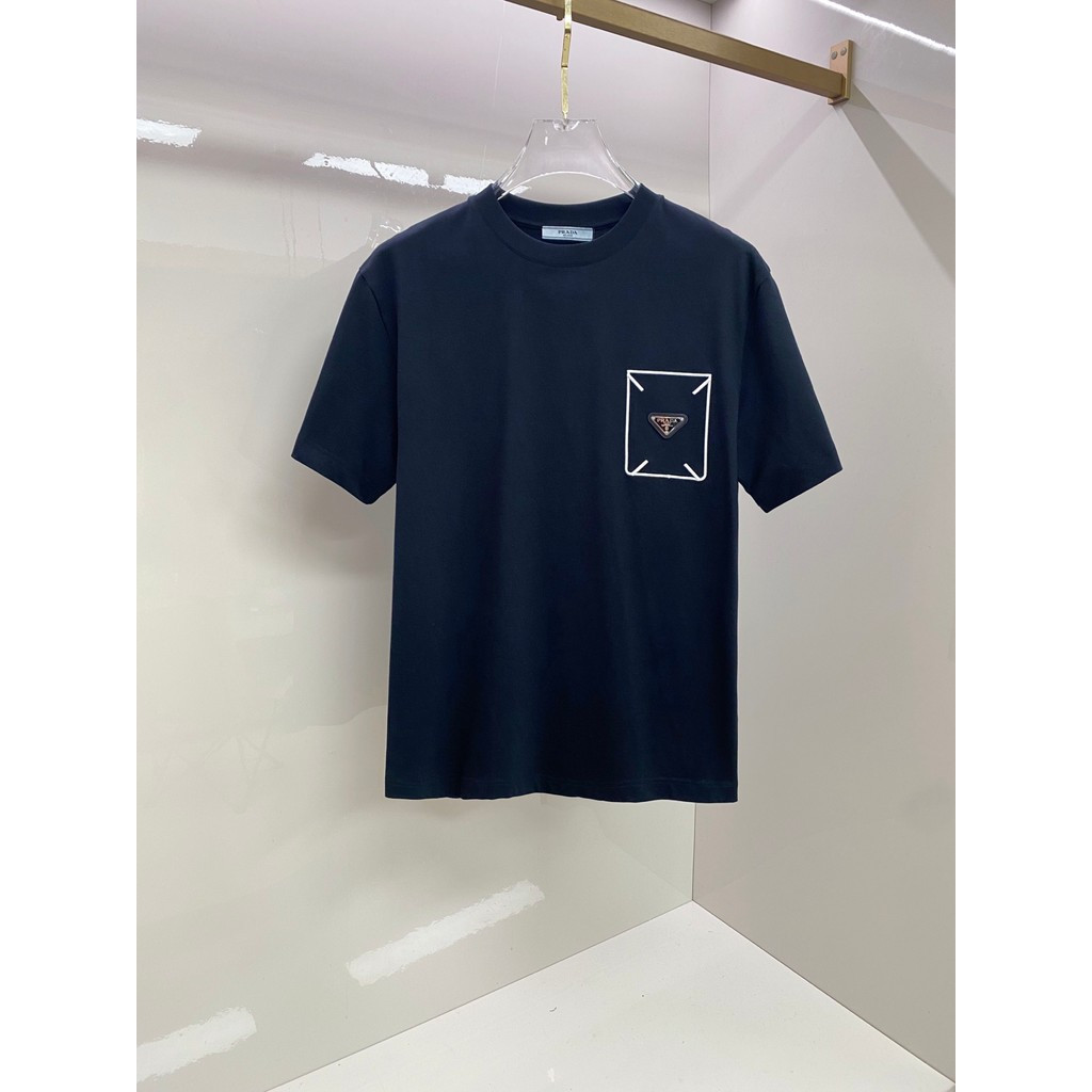 PRADA / PRADA Phiên bản truy cập Áo thun ngắn tay phong cách cặp đôi Đế kinh doanh có ren bên trong 