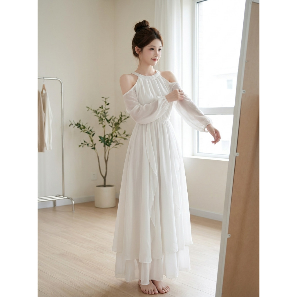 Vénita DT1 ĐẦM TƠ ÁNH KIM RỚT VAI FORM DÀI
