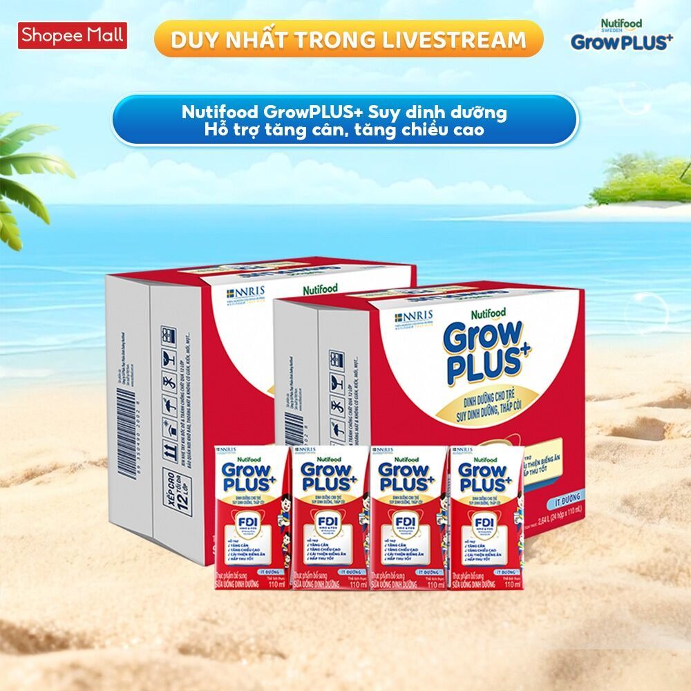 Thùng SBPS Nutifood GrowPLUS+ ít đường Suy Dinh Dưỡng - Tăng Cân, Tăng Chiều Cao (48 Hộp x 110ml) (B