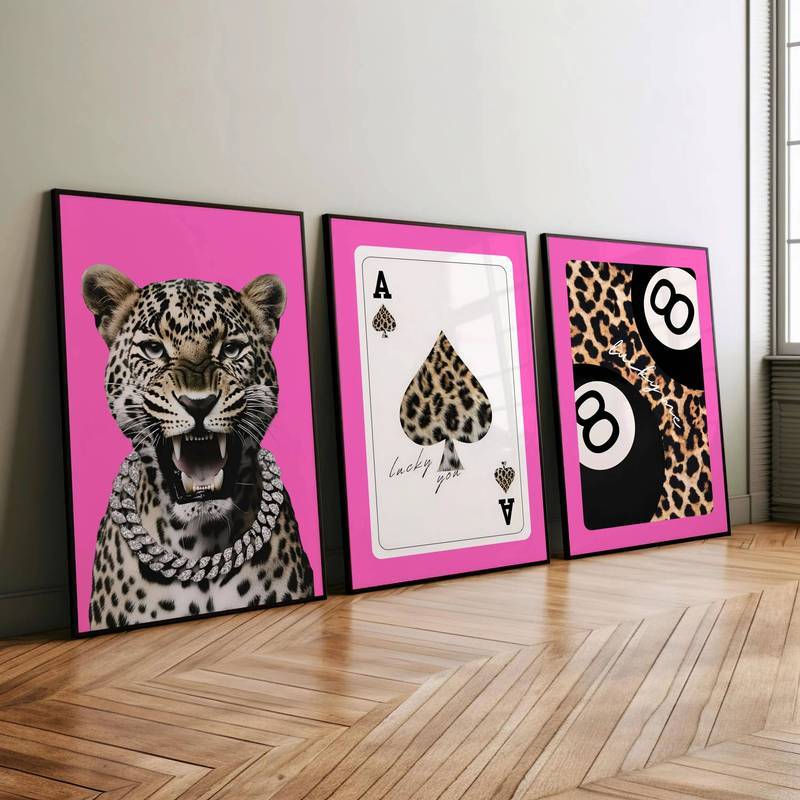 Pink Leopard Lucky Ace Card 8 Ball Wall Art Set Luxury Wild Animal Canvas Art