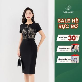 Đầm ôm công sở HeraDG thiết kế cổ V tay ngắn phối ren thân trên kèm đai eo rời SDPBC2071