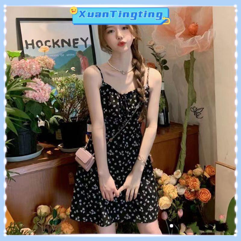 XuânTing Vintage Đen Voan Hoa Váy Nữ Mùa Hè Không Tay Hàng Ngày Mini Đầm UGG