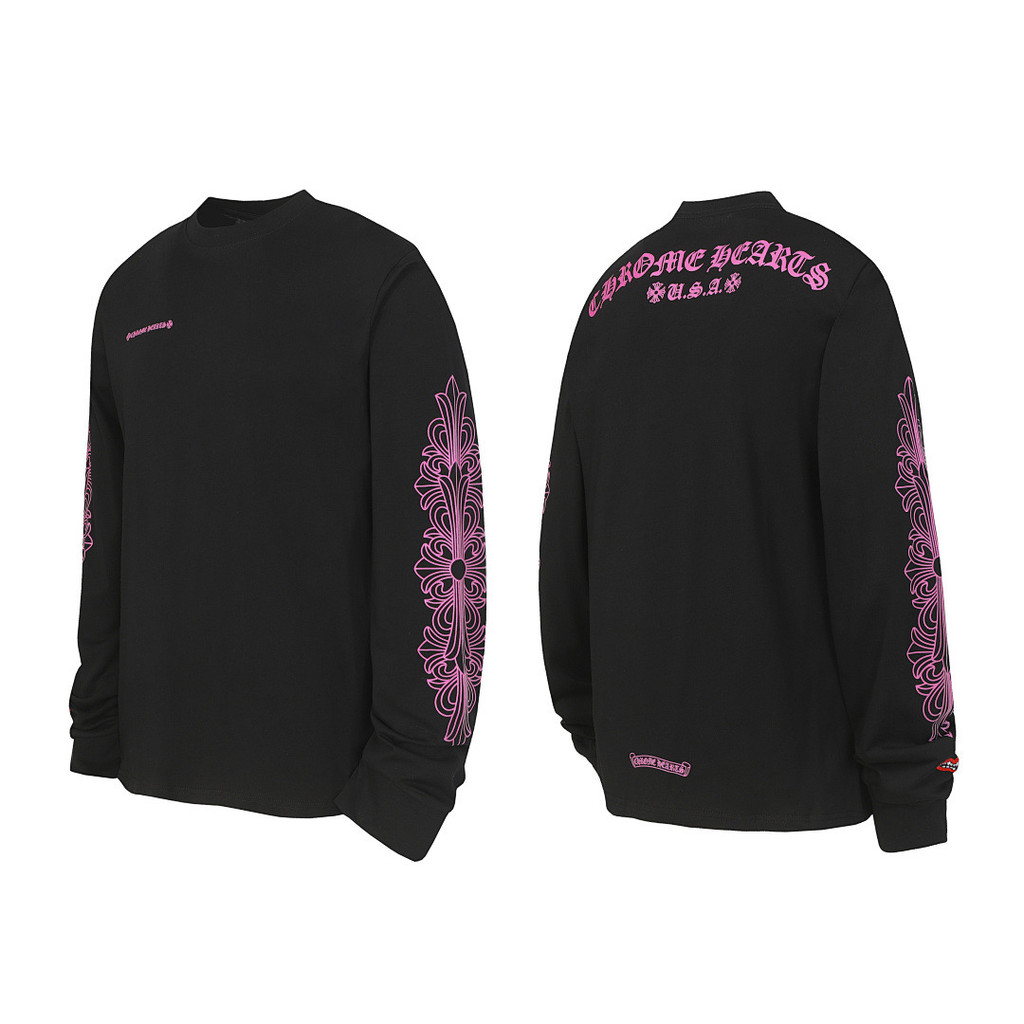 NIP6 2026New CH Crow Cross, horseshoe, pink letters, Sanskrit print, long sleeves T Shirt