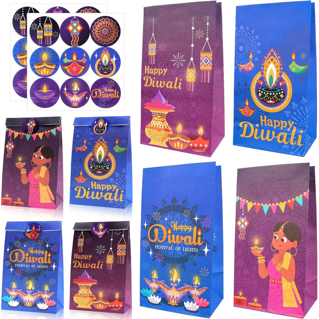 HOWAF 12 Chiếc Happy Diwali Đồ Trang Trí Tiệc, Túi Quà Tặng Cho Lễ Hội Ấn Độ Ánh Sáng, Đồ Ăn Và Túi 