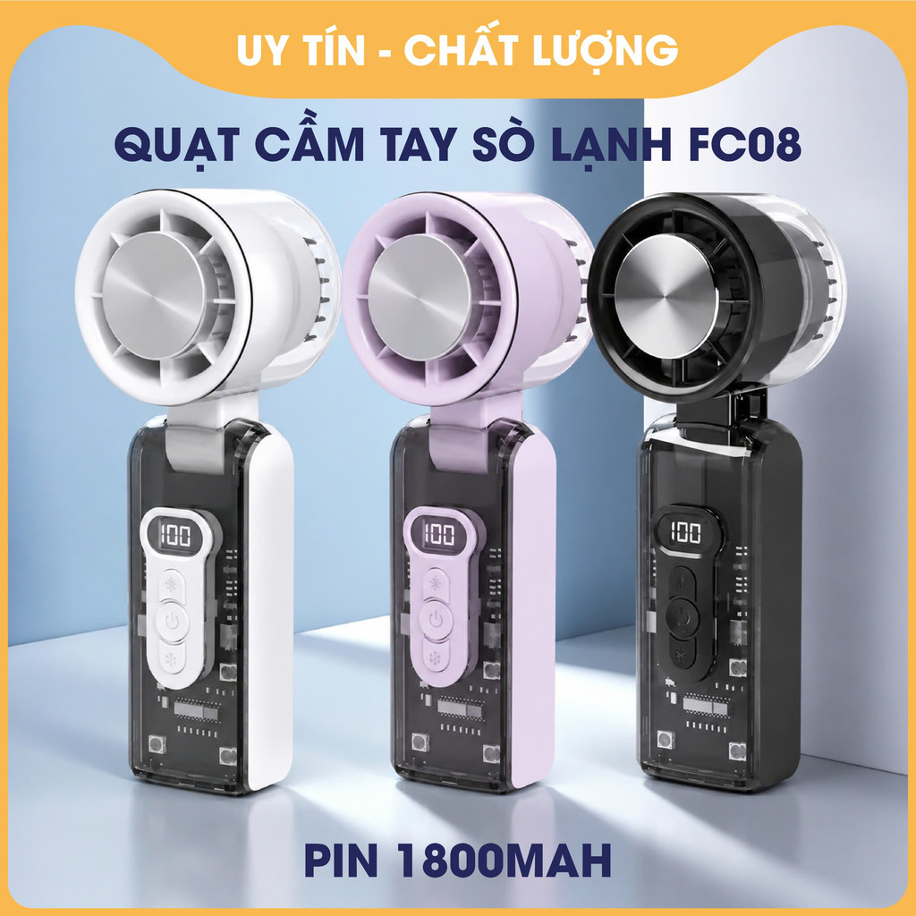 Quạt Cầm Tay Tích Điện FC8 Cao Cấp, Có Dây Đeo, Màn Hình LED Hiển Thị Pin Chính Xác