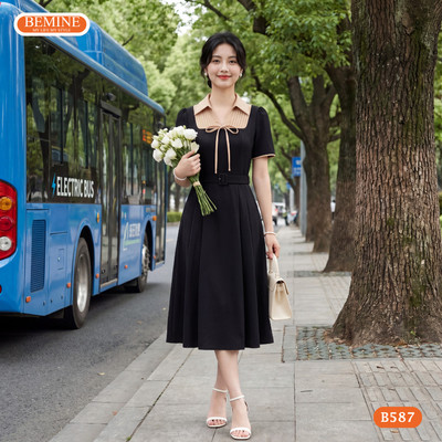 Đầm thiết kế BEMINE cổ sơ mi đính nơ dáng chữ A phù hợp đi làm-B587