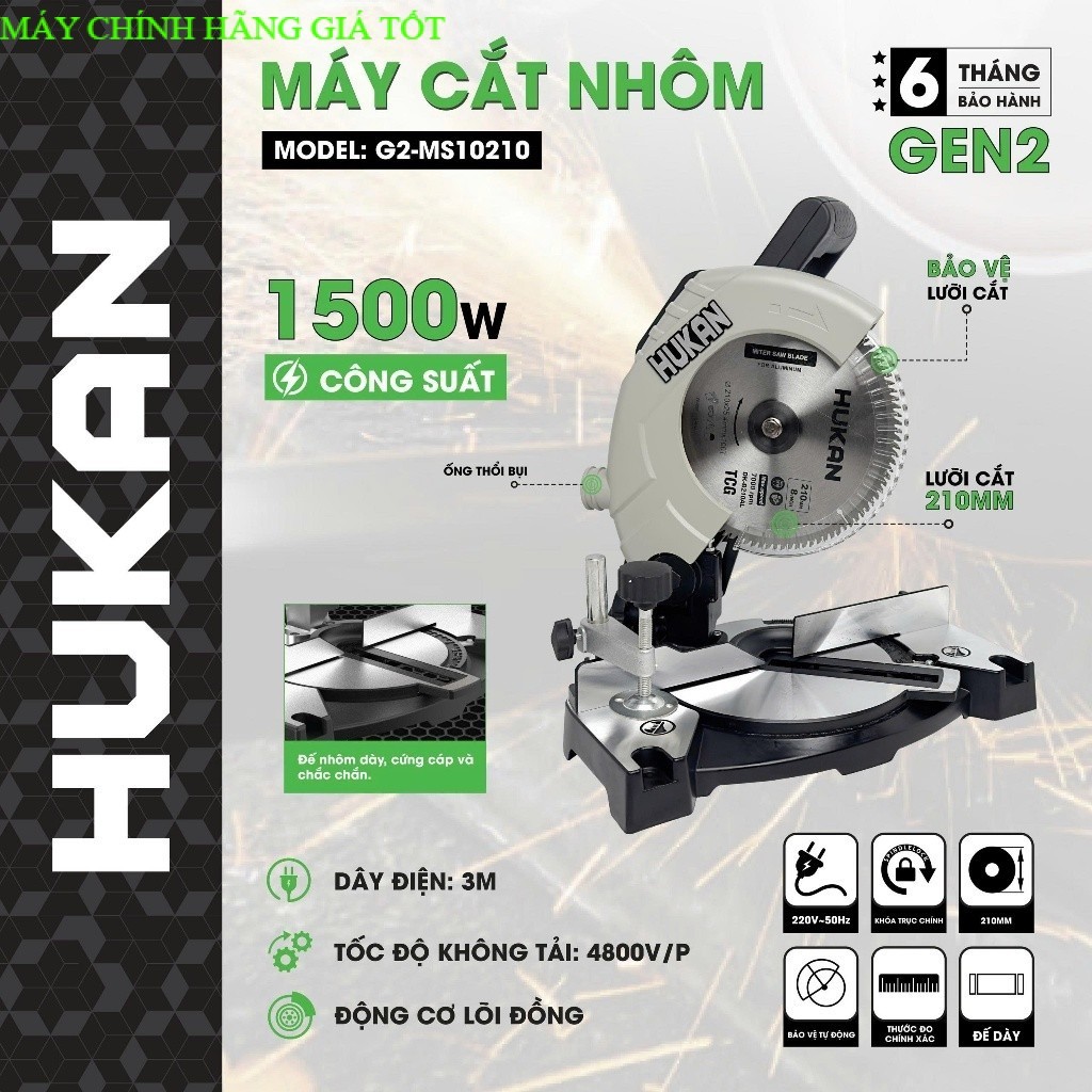 Máy cắt nhôm HUKAN G2-MS10210, 1500W Dùng dây Curoa, Đường kính đĩa 210mm // MAYCHINHHANG GT