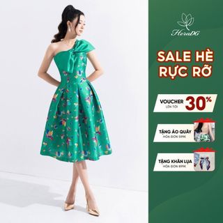 Đầm dạ hội nữ HeraDG thiết kế dáng xòe nơ ngực phối 1 màu, họa tiết hoa lan độc quyền, chất liệu tafta cao cấp WDPBB6068