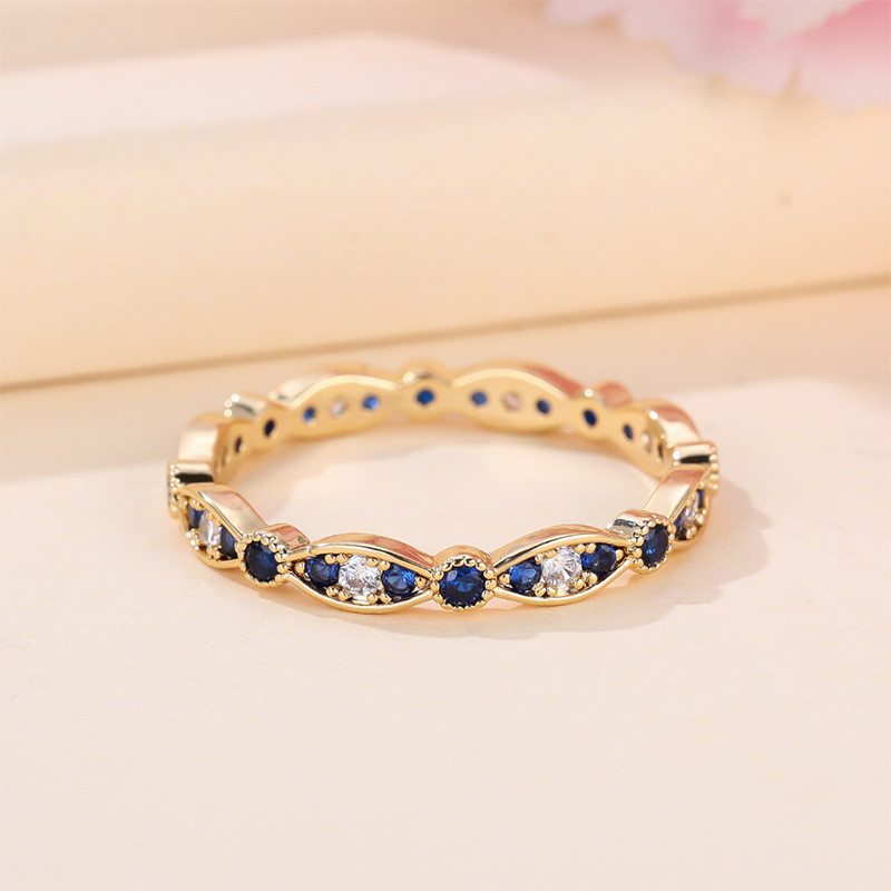Thời trang đơn giản Full Diamond All-Match Gold Sapphire Blue Diamond Edge White Diamond Circle Ring