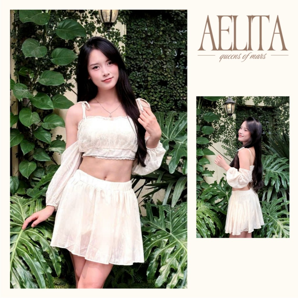 Set áo 2 dây buộc phối tay bồng và chân váy tầng be kem nữ tính, nhẹ nhàng AELITA - TR18