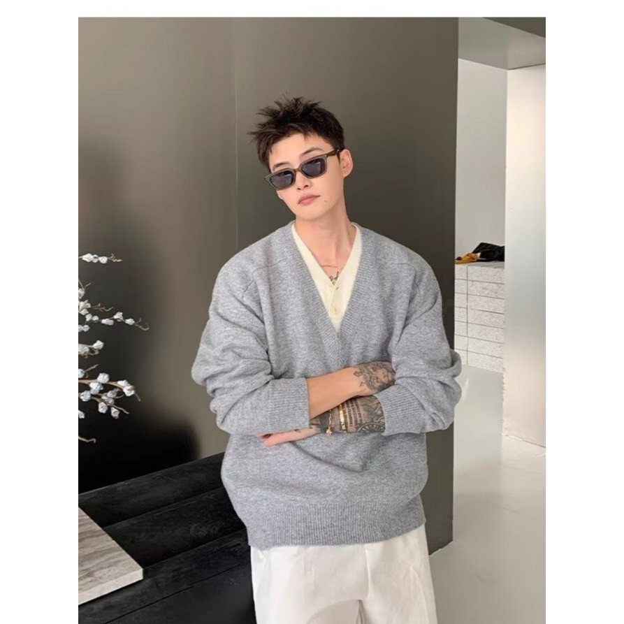 Áo len dệt kim giả hai lớp cổ chữ V dành cho nam, cổ áo Henry, phong cách Old Money, phong cách sang