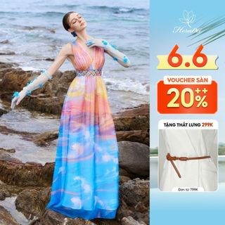 Đầm maxi đi biển hoạ tiết độc quyền HeraDG áo sát nách cổ V  xếp nhún eo , váy xoè nữ tính, chất Tơ cao cấp - SDPBD1059