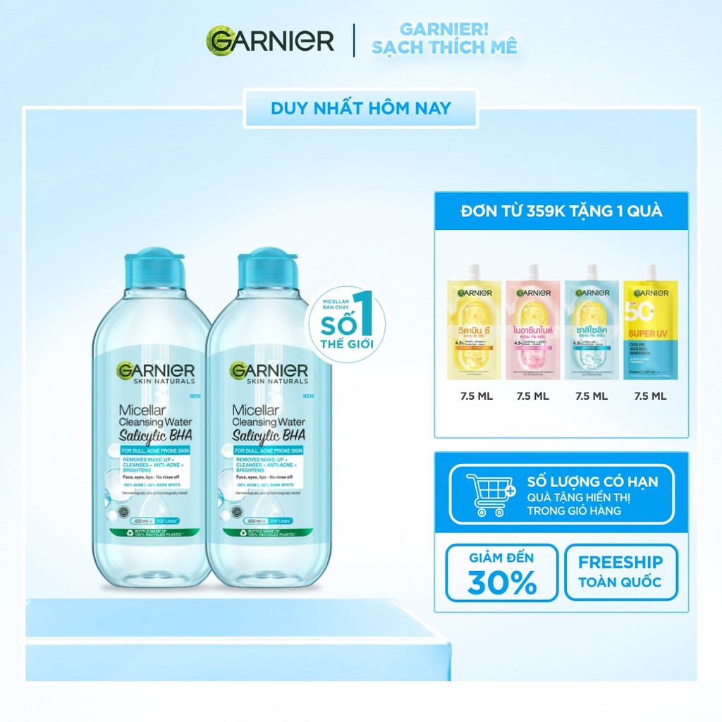Bộ 2 Nước tẩy trang Garnier Cho Da Dầu Mụn Salicylic BHA Micellar 400ml x 2 (mới)