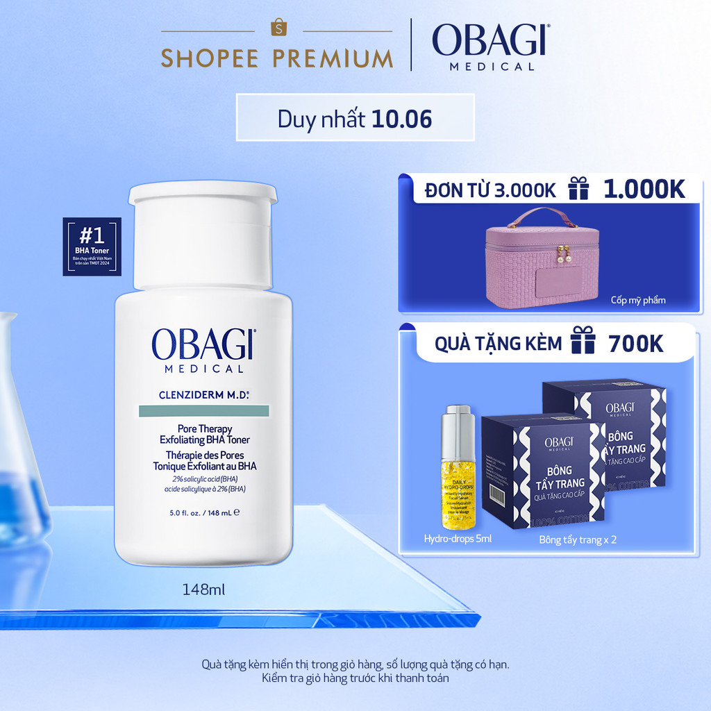[ĐỘC QUYỀN LIVESTREAM] Toner tẩy tế bào chết làm sạch mụn BHA Obagi Clenziderm M.D. Exfoliating 148m